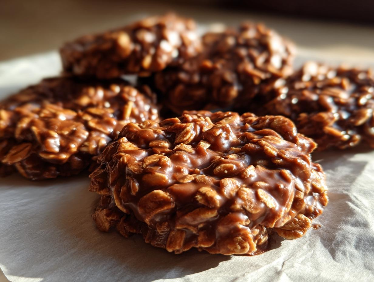 Close-up of several delicious no-bake cookies made with chocolate and oatmeal.
