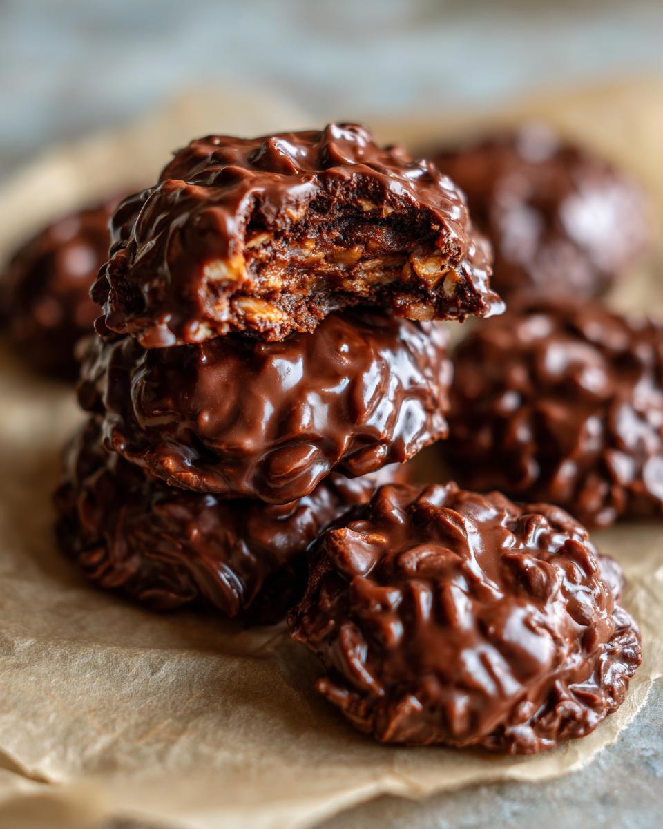 A stack of rich chocolate no bake keto cookies with a bite taken out of the top one.