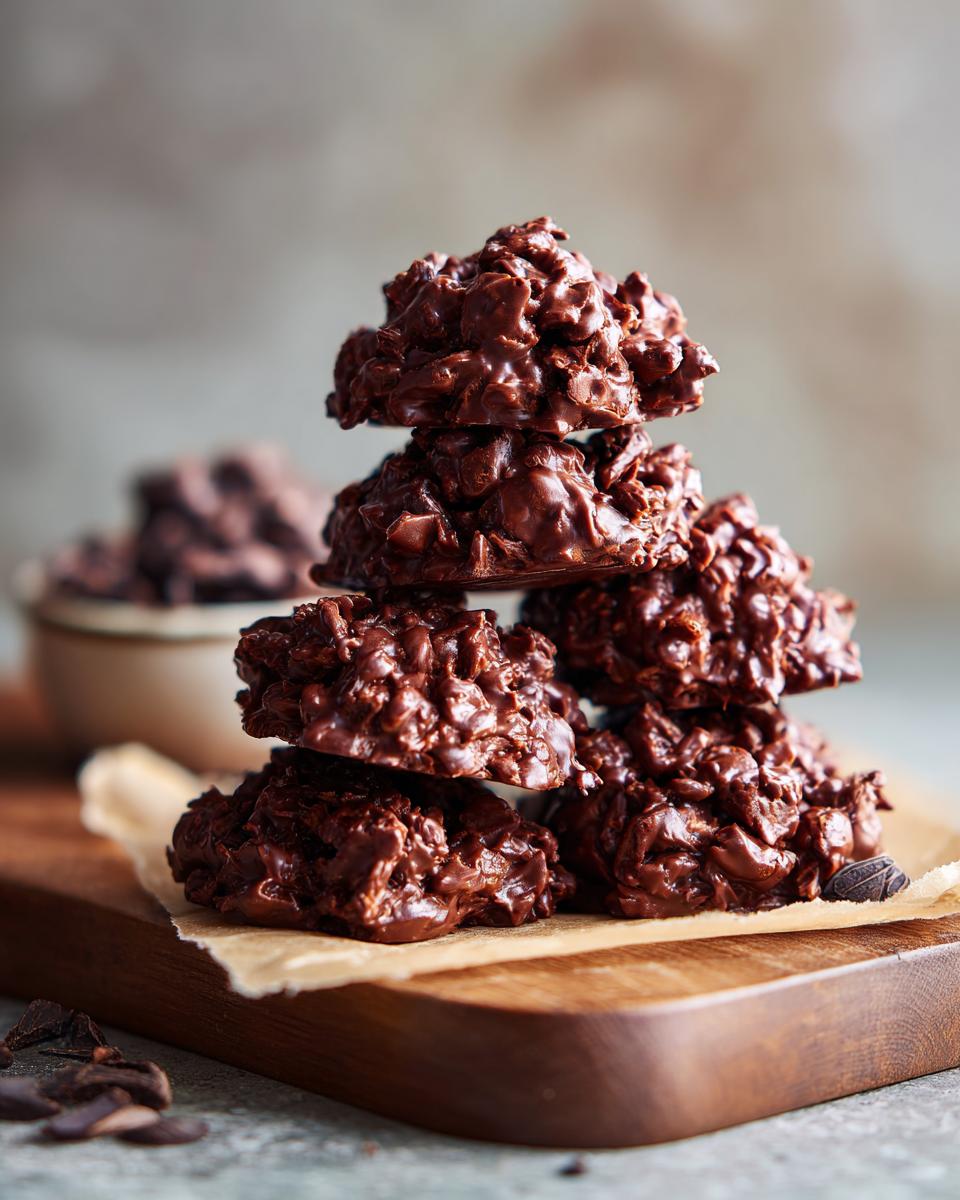 A stack of rich chocolate no bake keto cookies on a wooden board, with a bowl of cookies in the background.