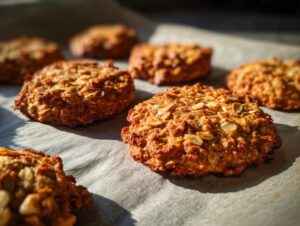 Close-up of golden brown no bake peanut butter banana cookies topped with oats on parchment paper.