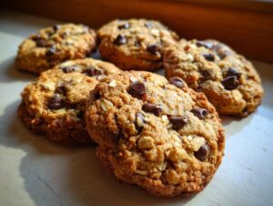 A close-up of several hearty oatmeal chocolate chip cookies, showcasing their texture and chocolate chunks.