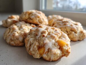 Close-up of several golden-brown peach cobbler cookies drizzled with white glaze.
