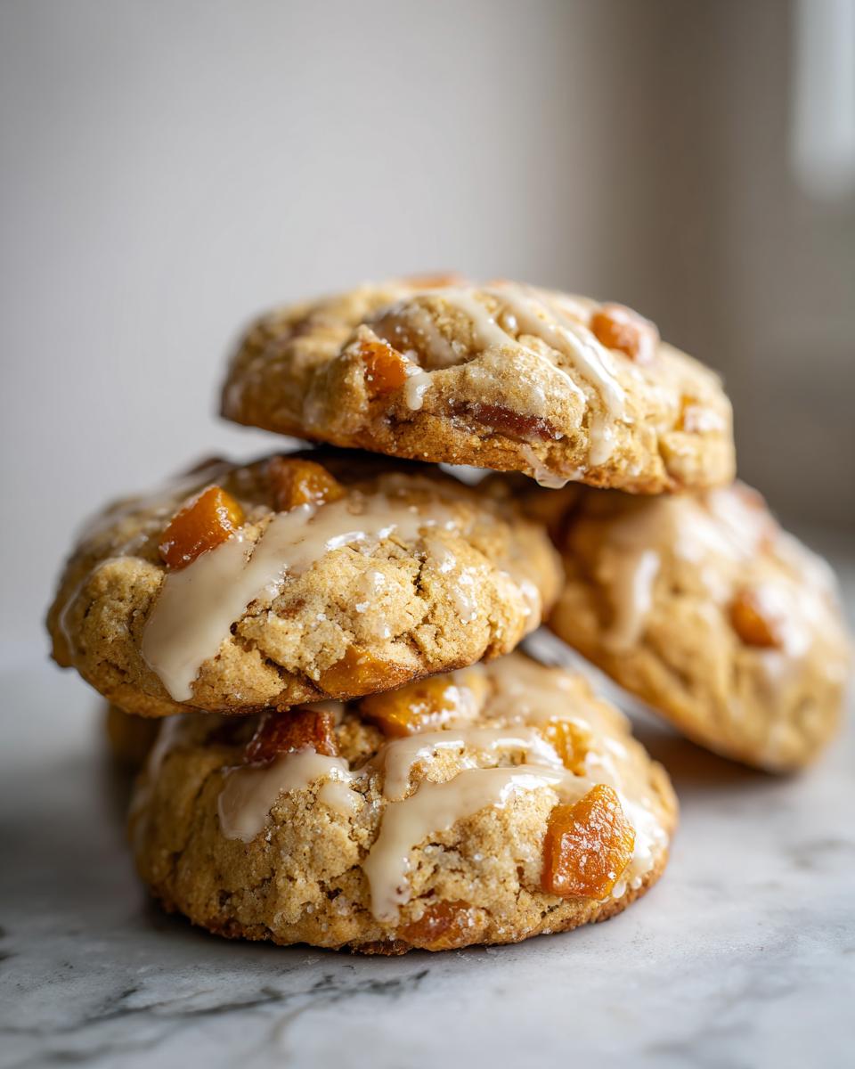 A stack of three delicious Peach Cobbler Cookies, drizzled with a light glaze and studded with chunks of peach.