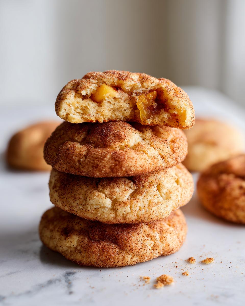 A stack of four peach snickerdoodle cookies, with the top cookie broken in half to reveal juicy peach pieces inside.