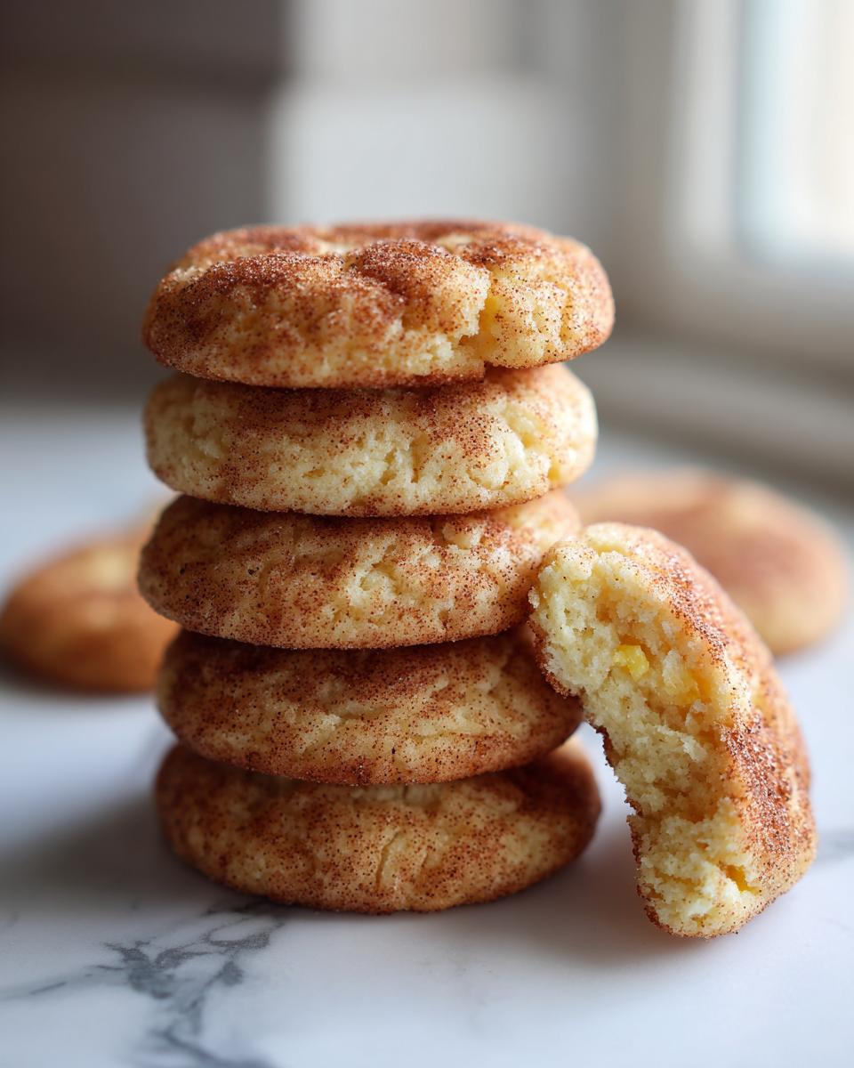 A stack of freshly baked peach snickerdoodle cookies, with one cookie broken in half to show the peachy center.