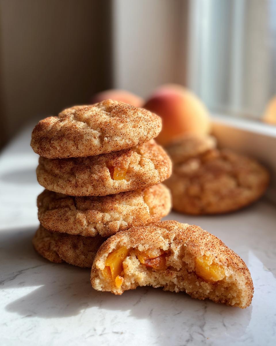 A stack of freshly baked peach snickerdoodle cookies, with one cookie broken open to reveal juicy peach pieces inside.