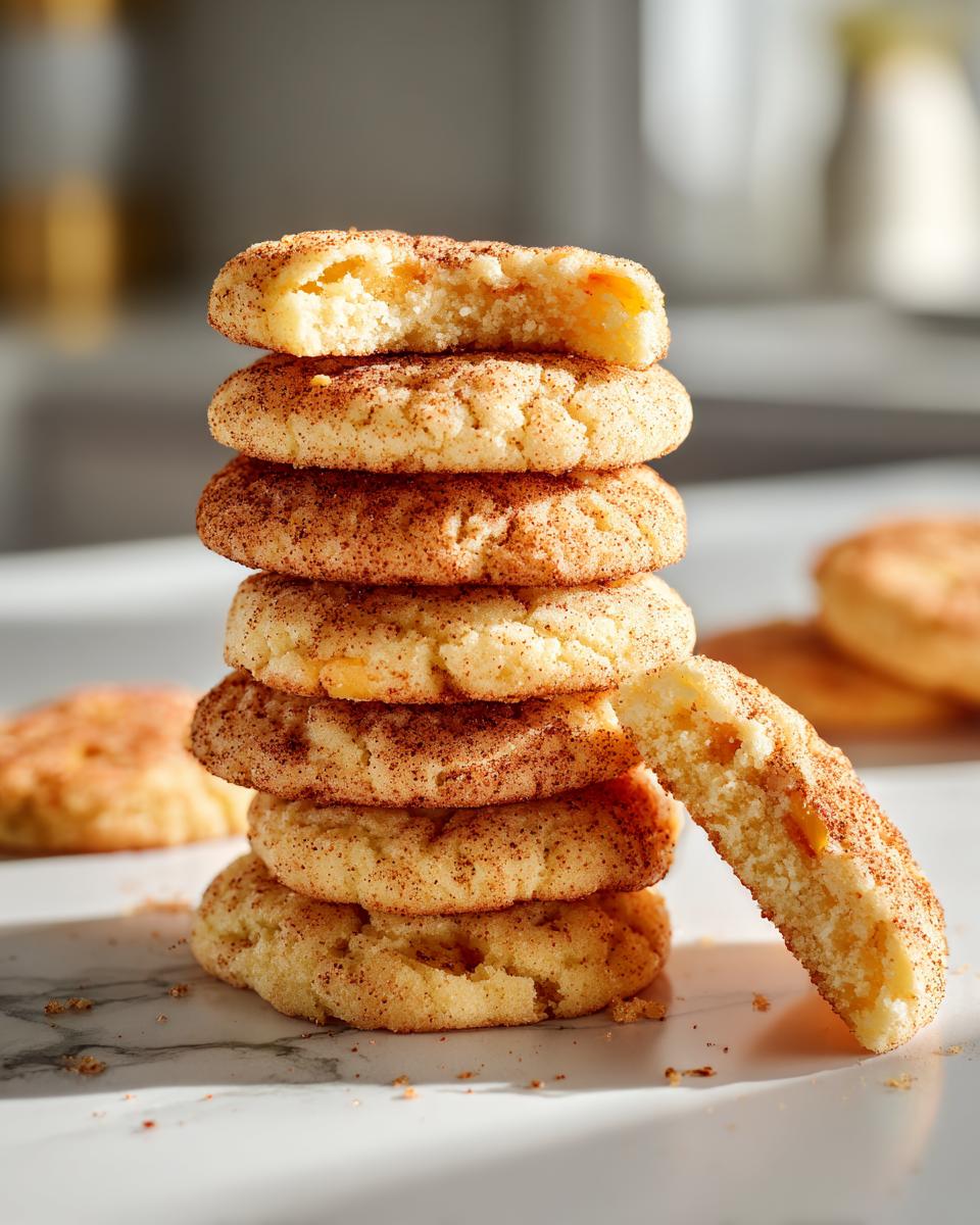 A tall stack of peach snickerdoodle cookies, with one cookie leaning against the stack, showing a bite taken out.