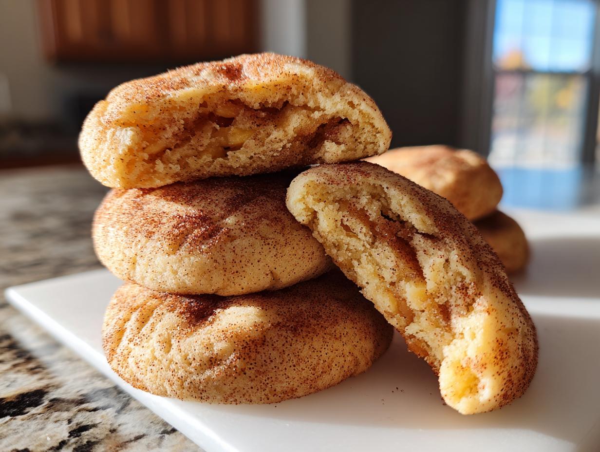 A stack of freshly baked peach snickerdoodle cookies, with one cookie broken in half to show the peachy filling.