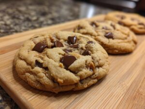Close-up of delicious peanut butter chocolate chip cookies on a wooden cutting board.