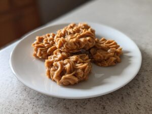 A close-up shot of several delicious peanut butter no bake cookies arranged on a white plate.