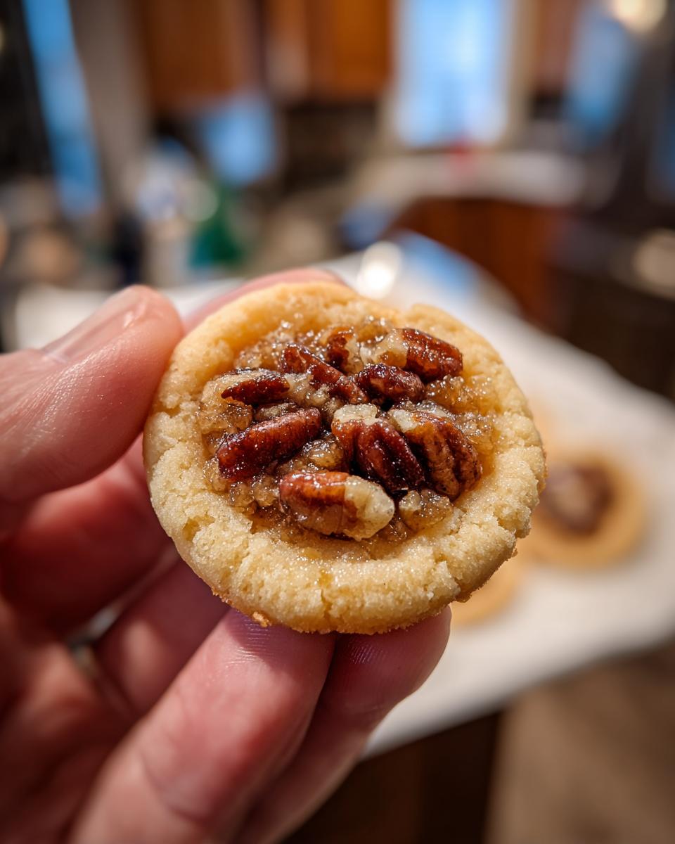 A hand holding a single Pecan Pie Cookie, topped with glossy pecans and a sweet filling.