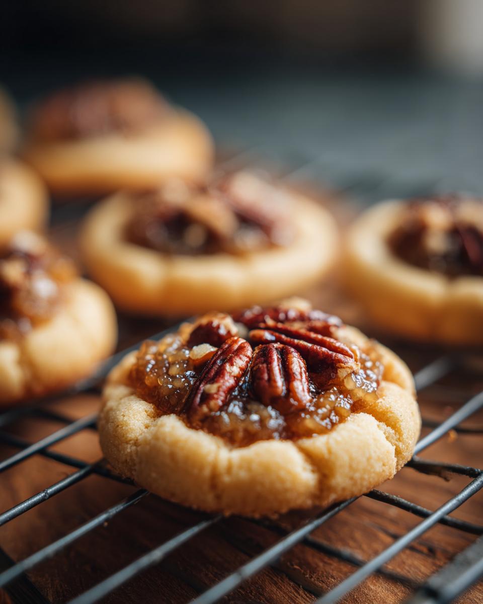 Close-up of freshly baked Pecan Pie Cookies with whole pecans on top, cooling on a wire rack.
