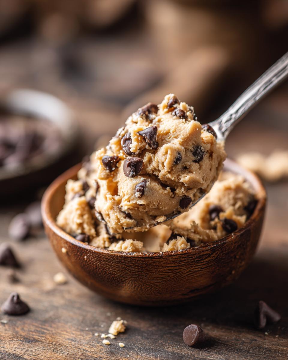 A spoonful of delicious protein cookie dough loaded with chocolate chips, served in a wooden bowl.