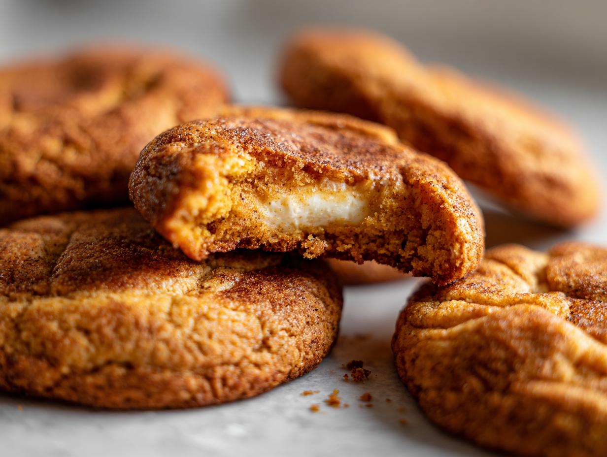 Close-up of a pumpkin cheesecake cookie, with a bite taken out to reveal the creamy cheesecake filling.