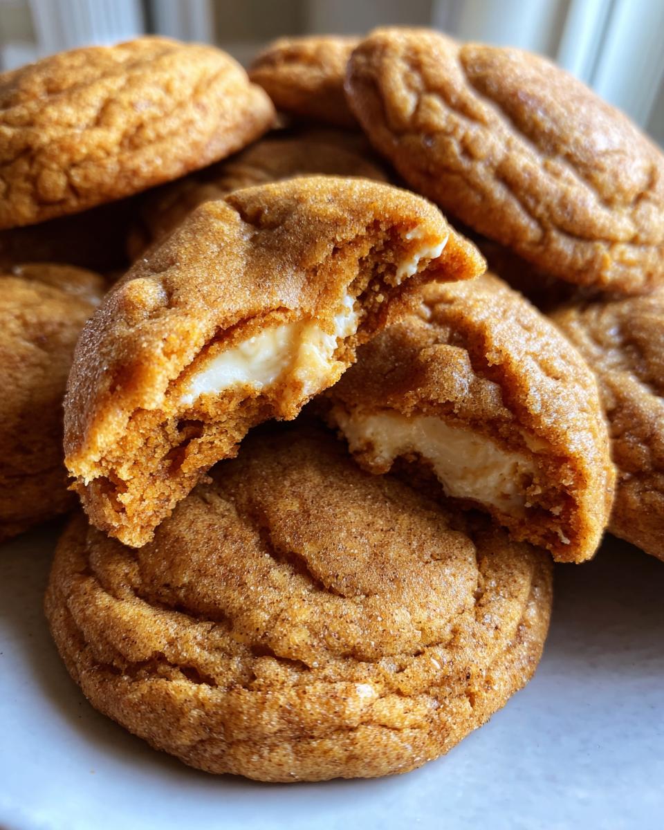 Close-up of a pumpkin cheesecake cookie broken in half, revealing a creamy cheesecake filling.