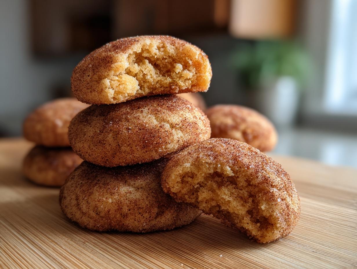 A close-up stack of freshly baked pumpkin snickerdoodle cookies, with one cookie broken in half to show the soft interior.