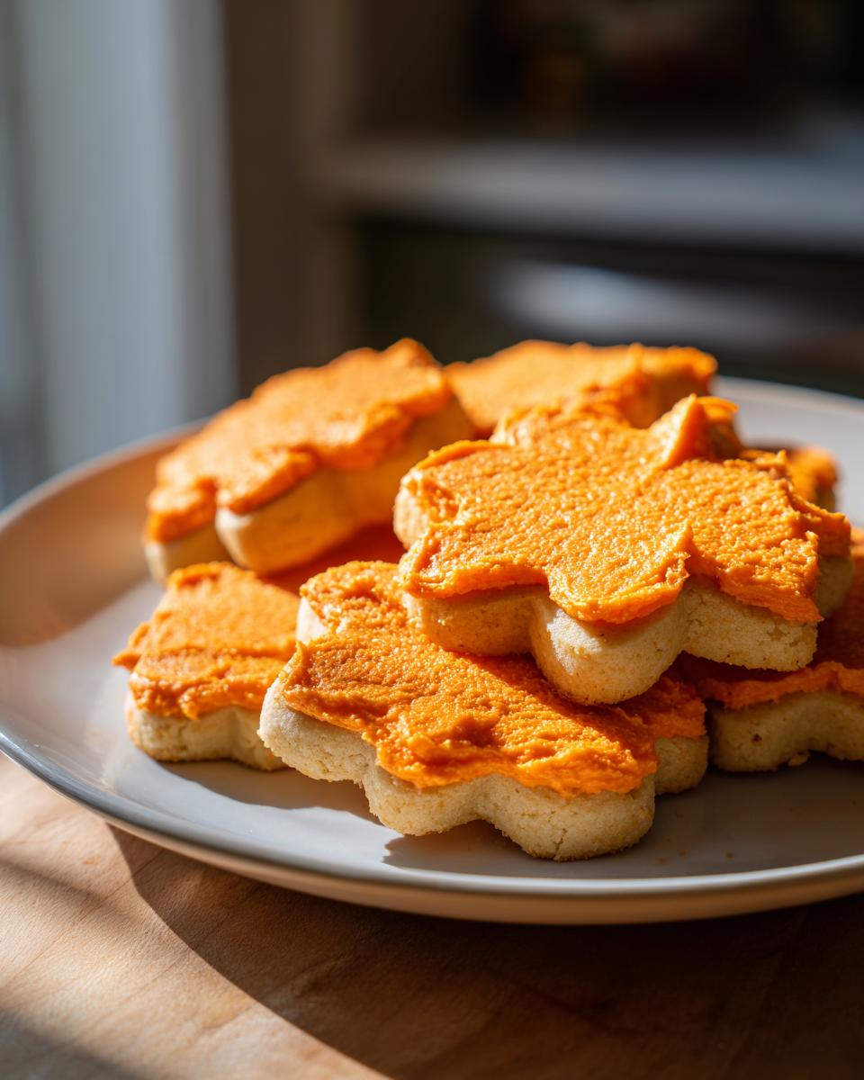Close-up of a stack of star-shaped pumpkin spice sugar cookies topped with vibrant orange frosting.