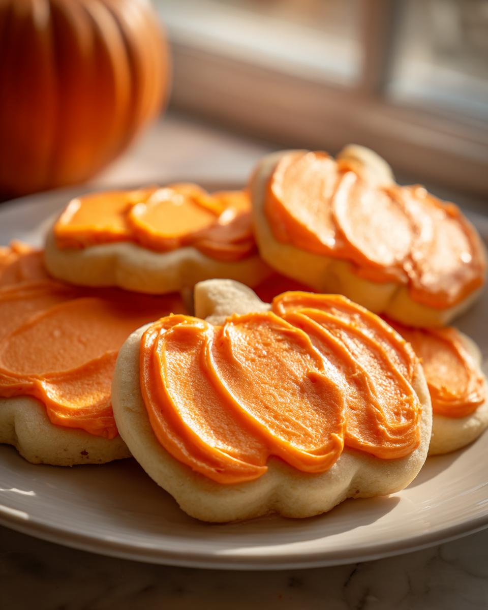Close-up of pumpkin spice sugar cookies decorated with vibrant orange frosting on a white plate.