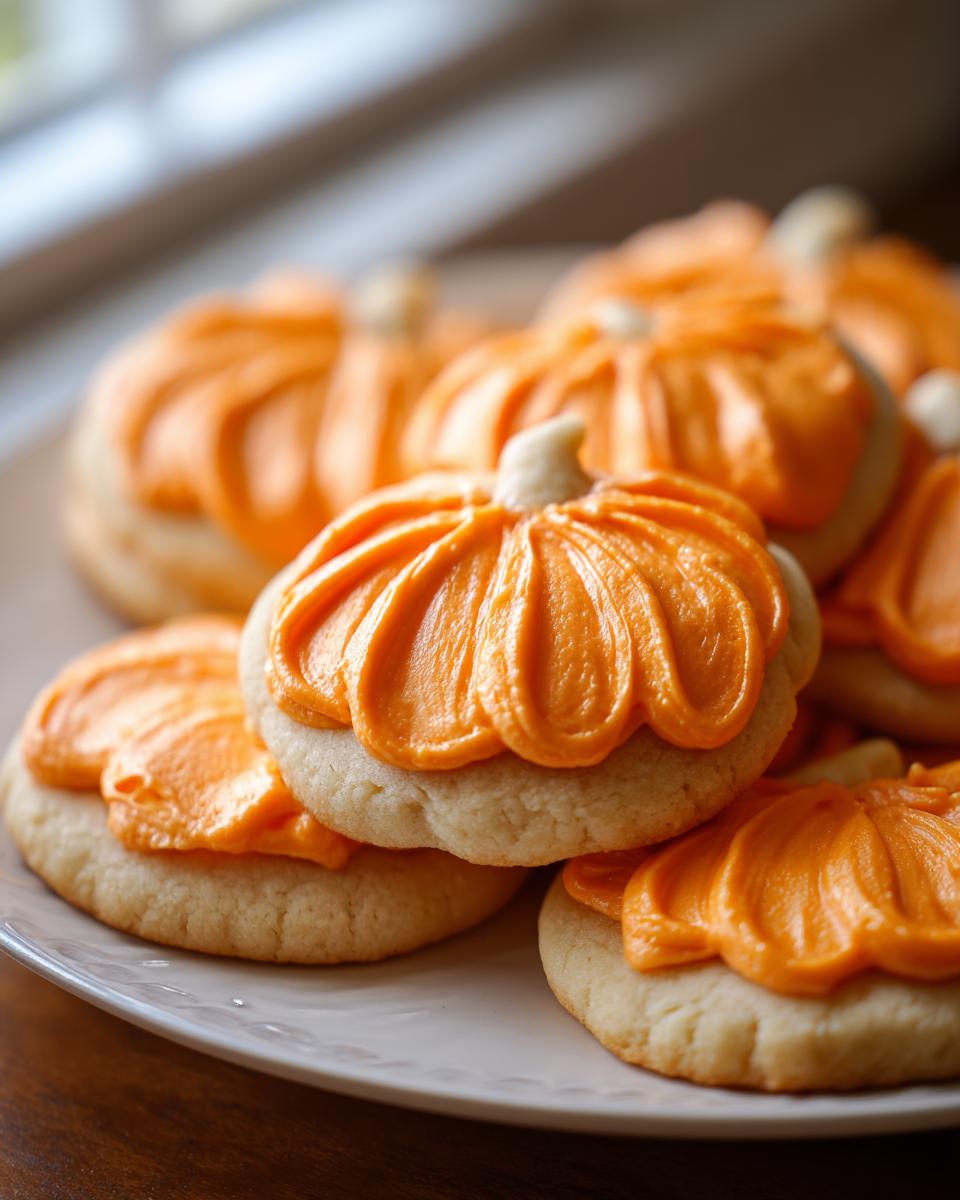Close-up of delicious pumpkin spice sugar cookies decorated with vibrant orange frosting.