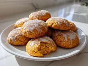 A stack of chewy pumpkin sugar cookies, drizzled with white glaze and sprinkled with sugar.