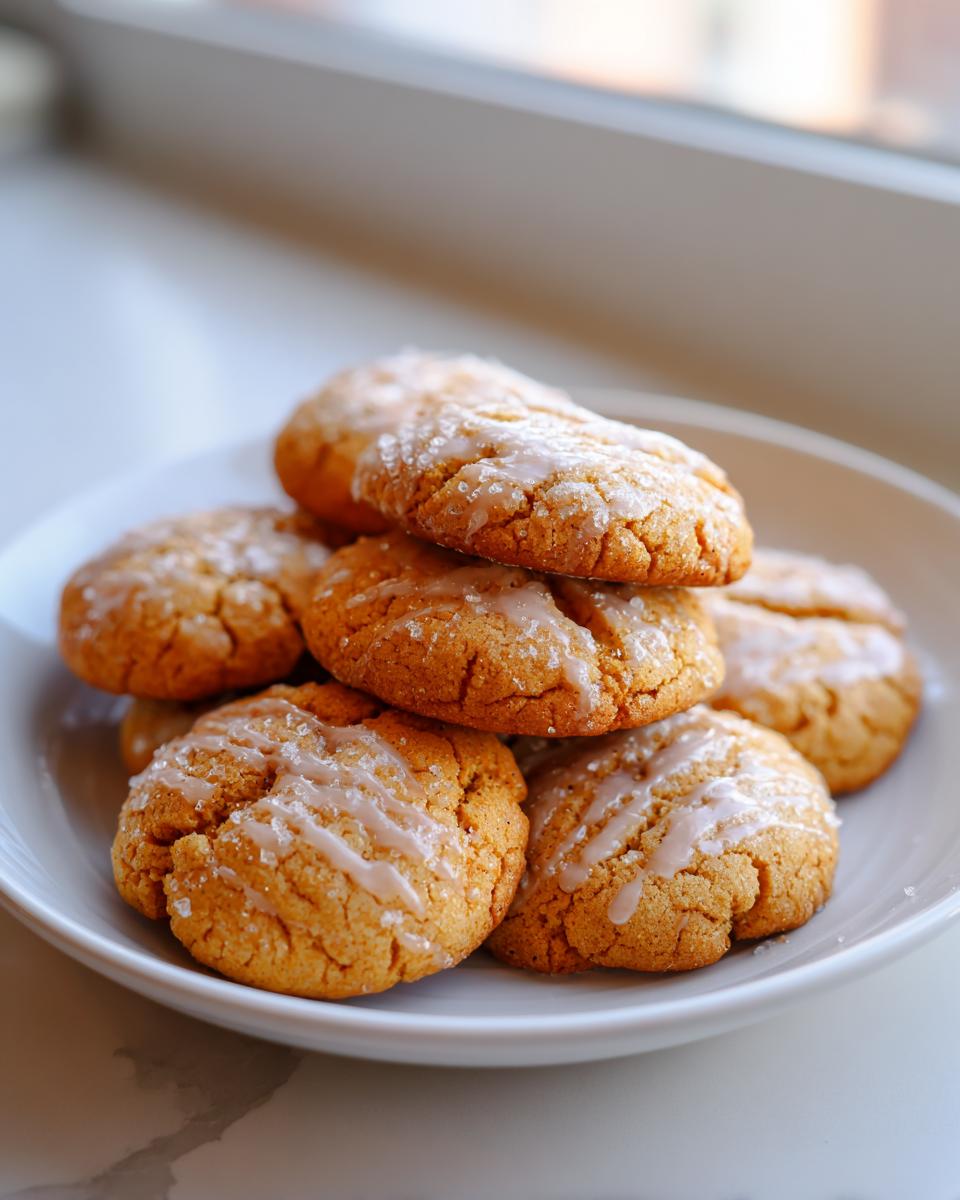 A stack of chewy pumpkin sugar cookies drizzled with a light glaze and sprinkled with sugar.