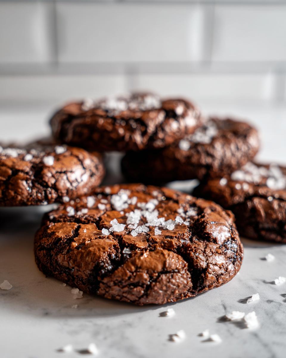 Close-up of rich, dark salted brownie cookies with a crinkled top and flaky sea salt.