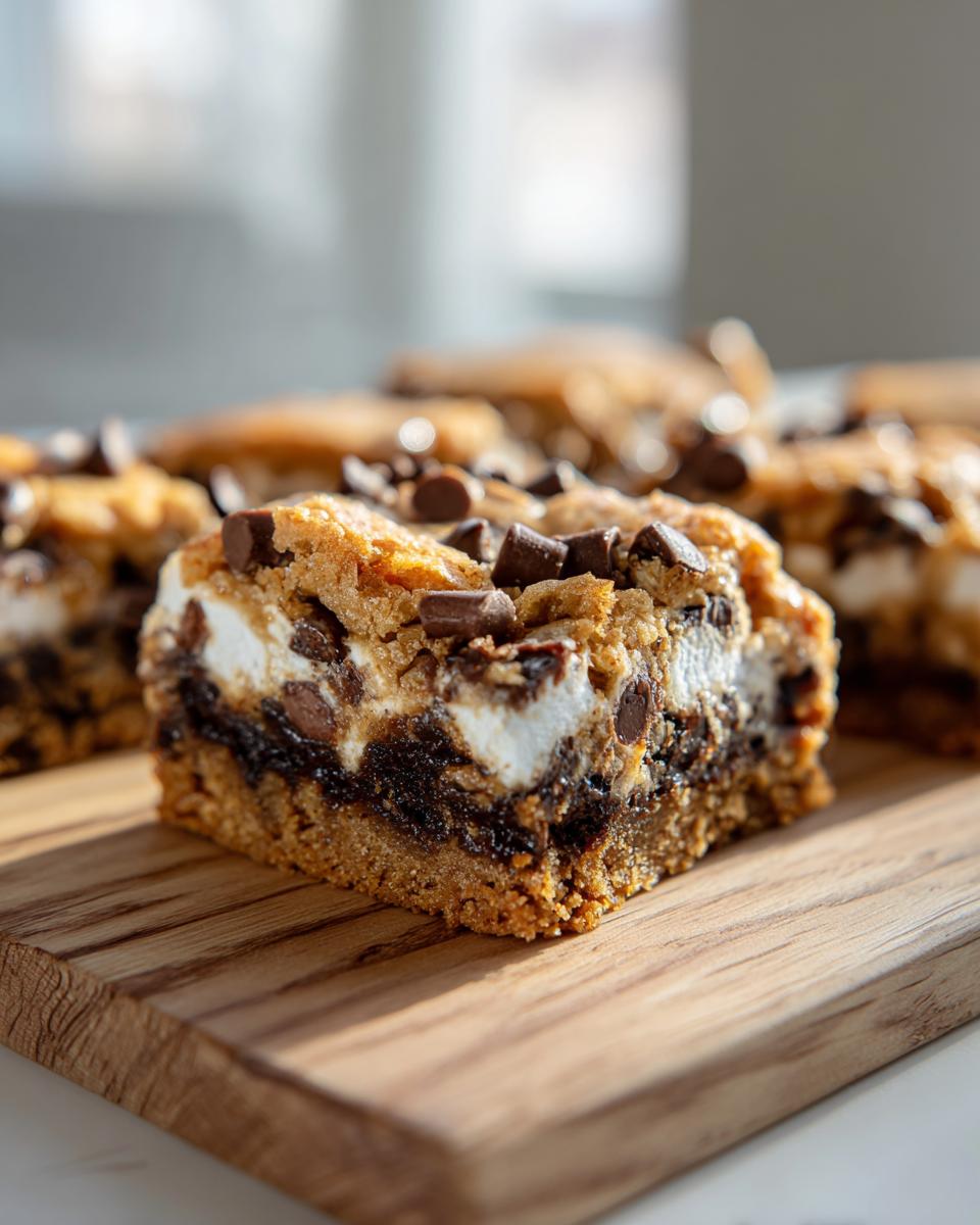 Close-up of a delicious s'mores cookie bar with gooey marshmallows, chocolate chips, and a graham cracker base.