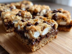 Close-up of a gooey s'mores cookie bar with melted chocolate and marshmallows, topped with chocolate chips.