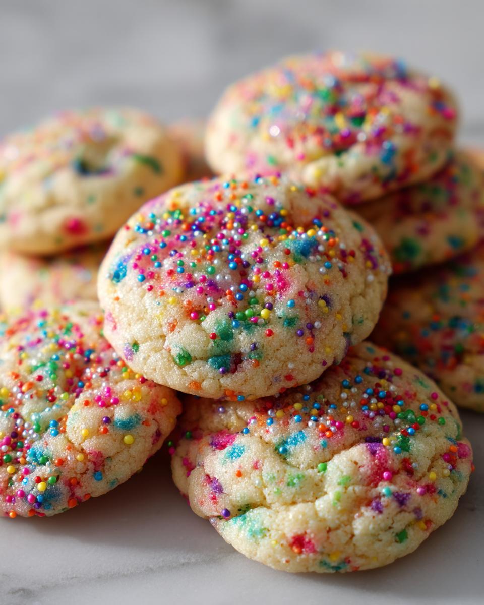 Close-up of a pile of soft baked birthday cookies covered in colorful sprinkles.