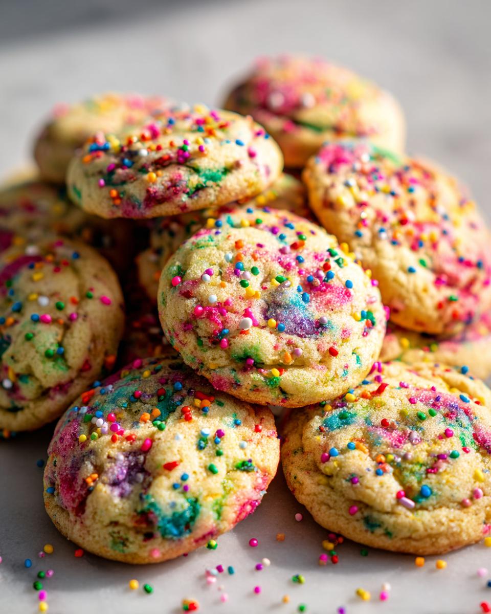 A close-up, overhead view of a pile of soft baked birthday cookies, generously covered in colorful sprinkles.