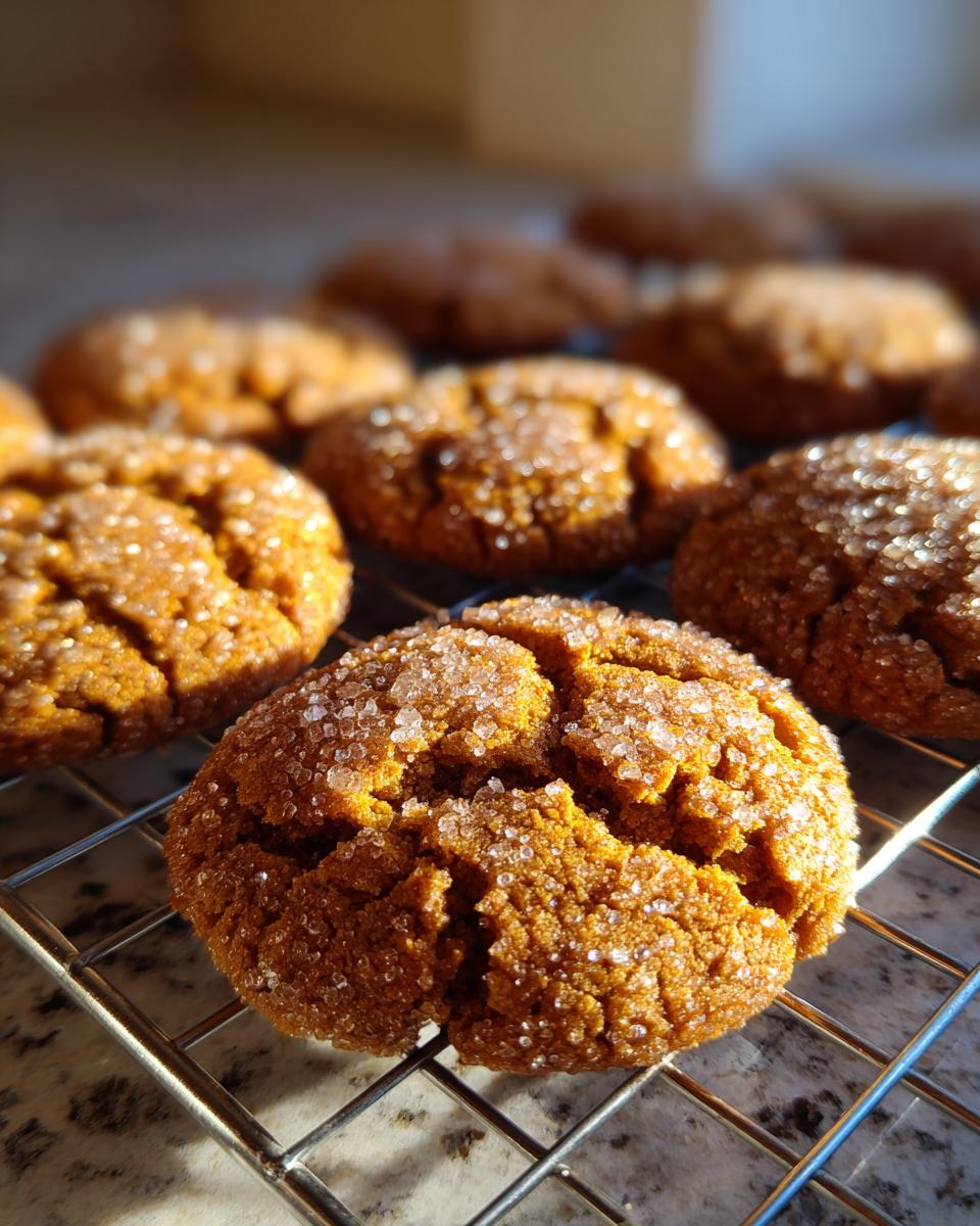 Close-up of delicious soft chewy molasses cookies, coated in sparkling sugar, cooling on a wire rack.