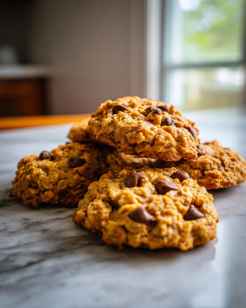 A stack of delicious soft and chewy oatmeal cookies with chocolate chips on a marble surface.