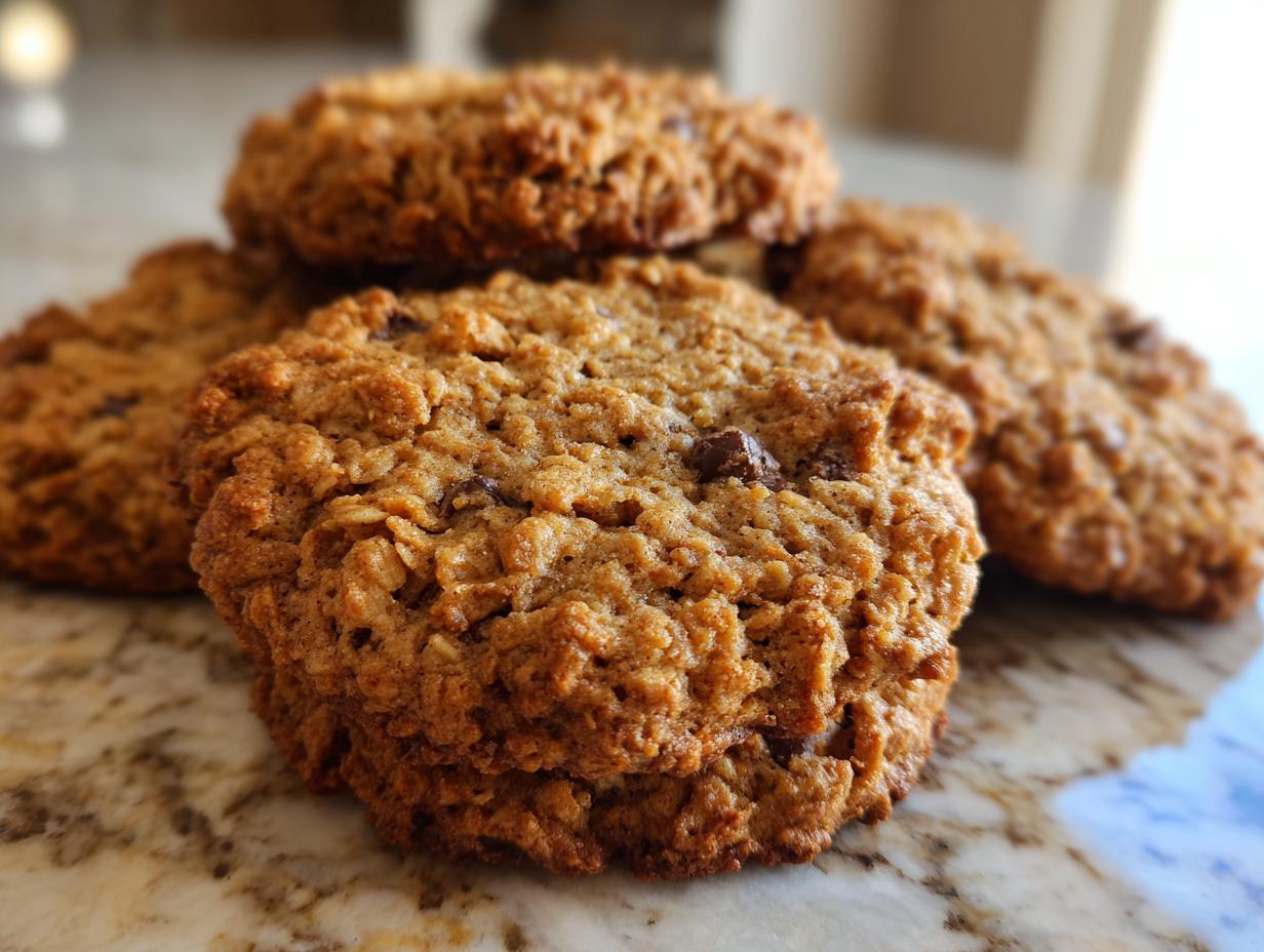 Close-up of several soft and chewy oatmeal cookies with chocolate chips on a marble countertop.