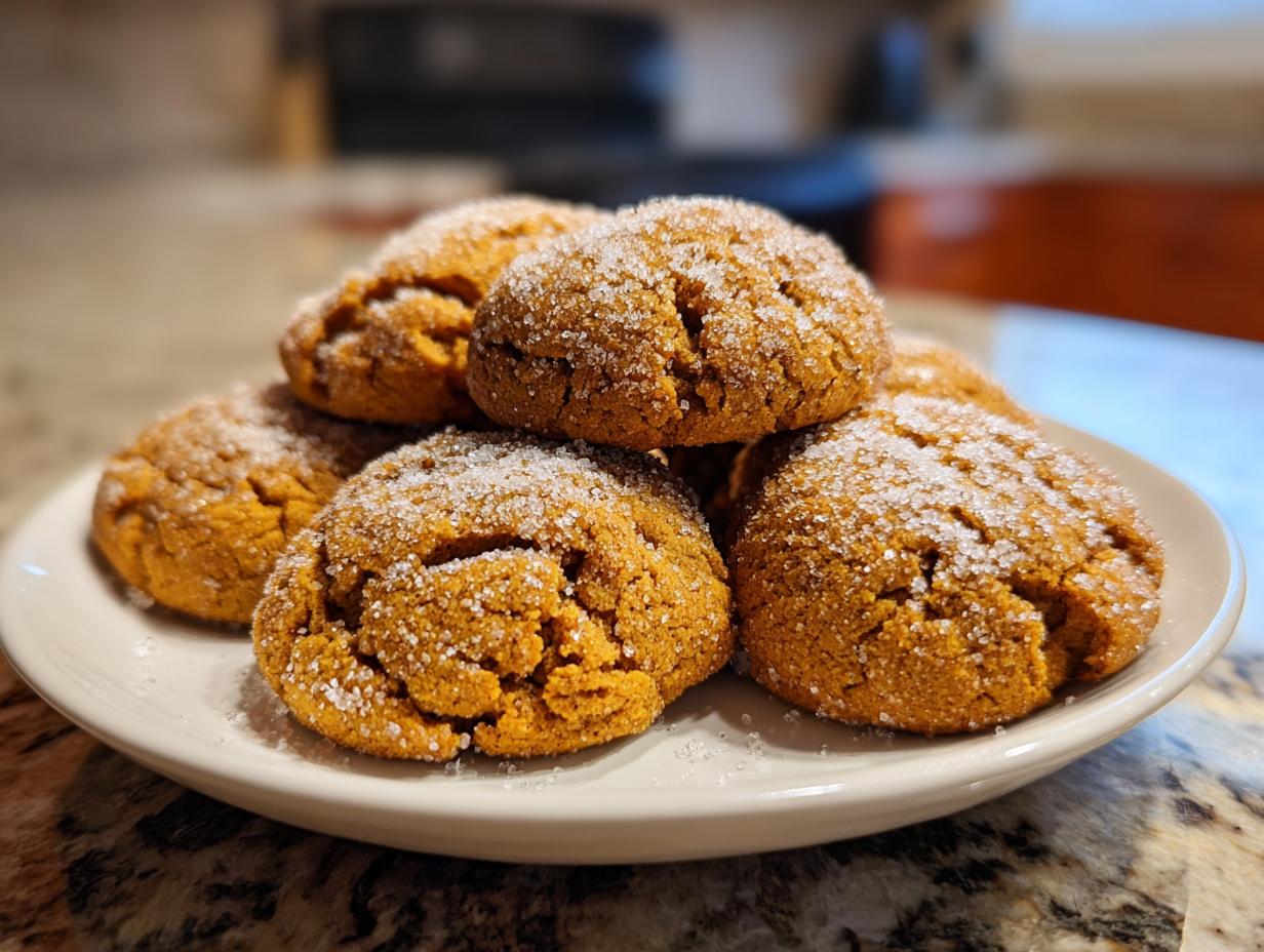 A plate piled high with soft and chewy pumpkin cookies, coated in sparkling sugar crystals.