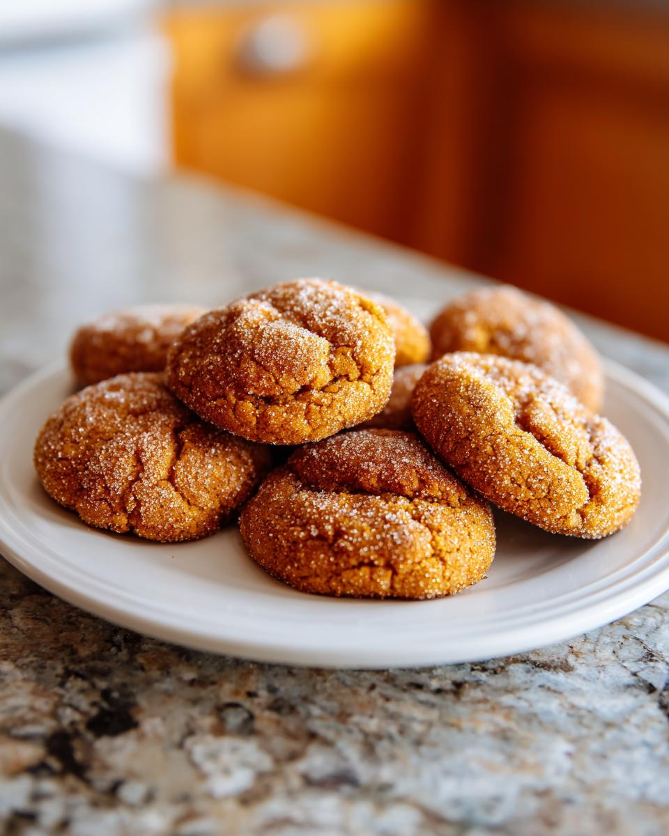 A pile of perfectly soft and chewy pumpkin cookies, coated in sugar, on a white plate.