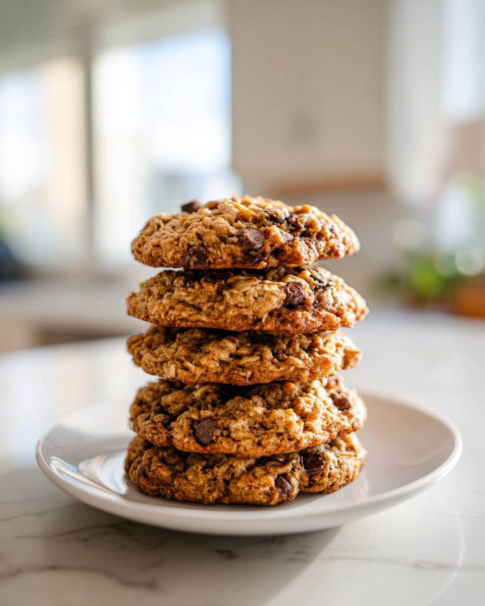 A stack of five delicious soft oatmeal cookies loaded with chocolate chips on a white plate.