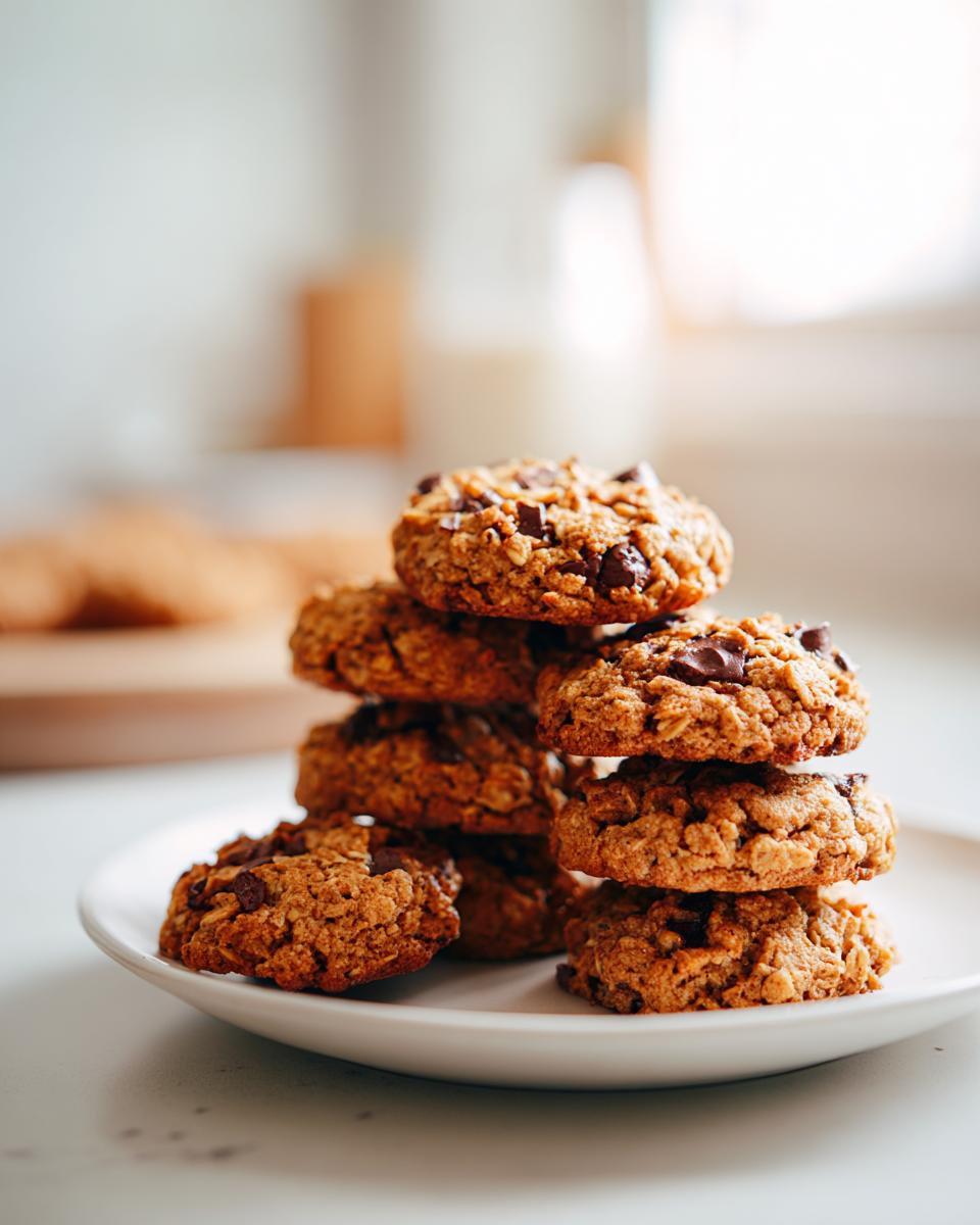 A tall stack of chewy soft oatmeal cookies with chocolate chips on a white plate.