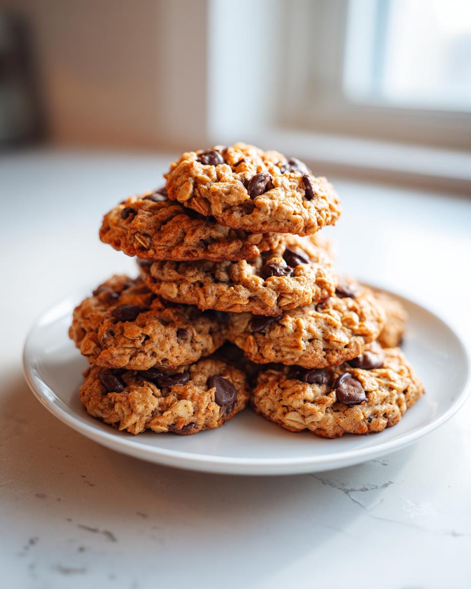 A tall stack of freshly baked soft oatmeal cookies with chocolate chips on a white plate.