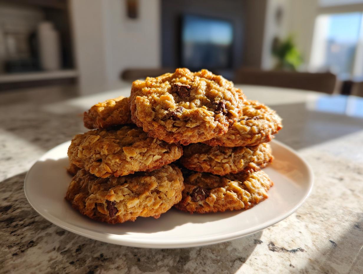 A stack of freshly baked soft oatmeal cookies with chocolate chips on a white plate.