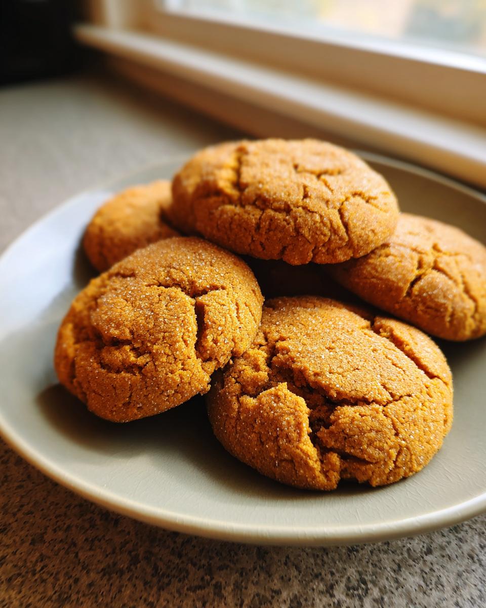 A close-up of several soft pumpkin cookies, dusted with sugar, on a light gray plate.