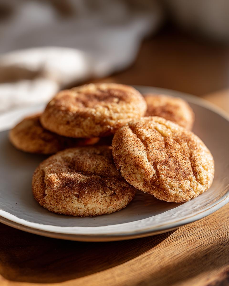 A close-up of several soft snickerdoodle cookies dusted with cinnamon sugar on a light gray plate.