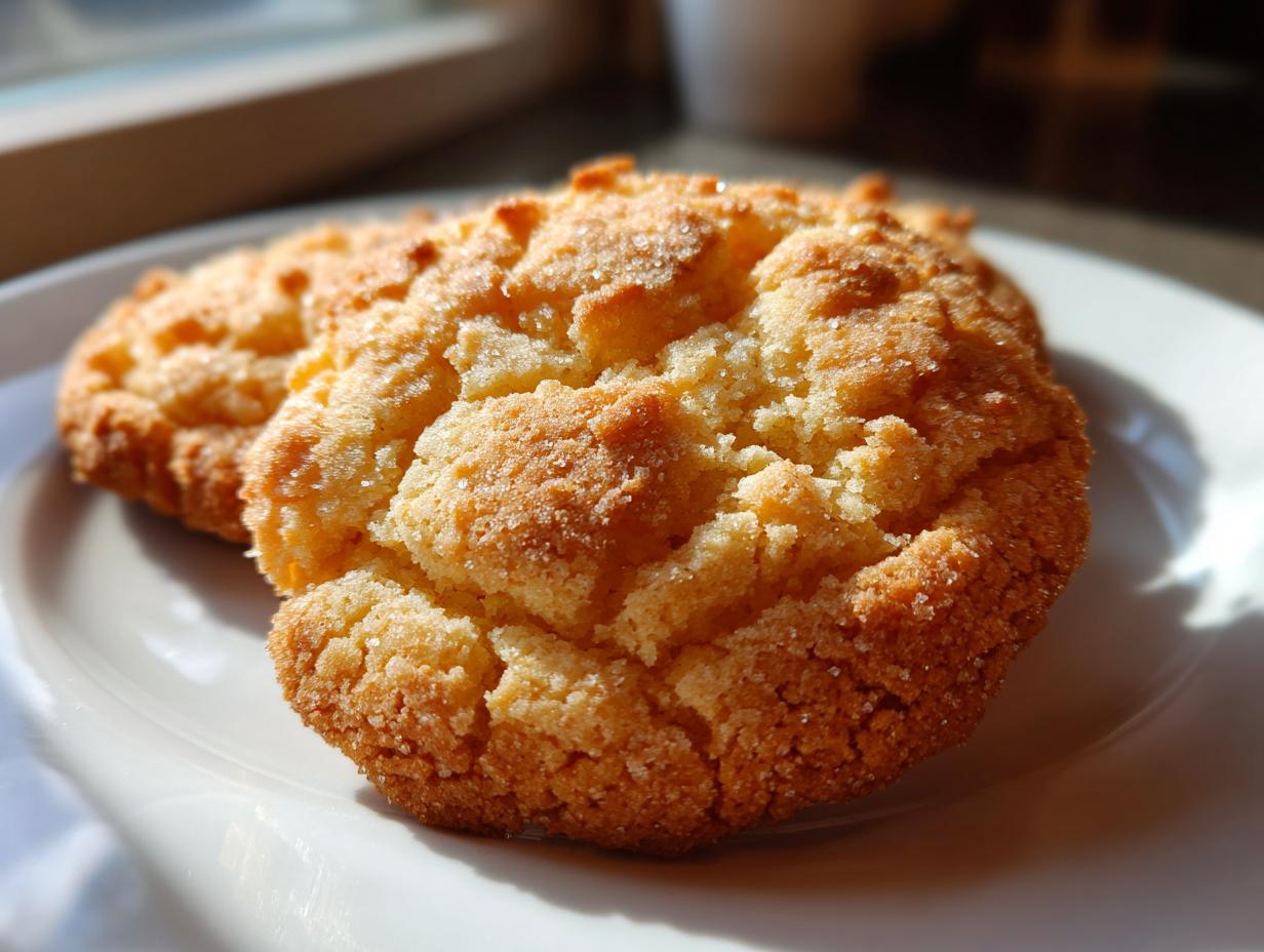Close-up of a golden brown soft sugar cookie with visible sugar crystals on a white plate.