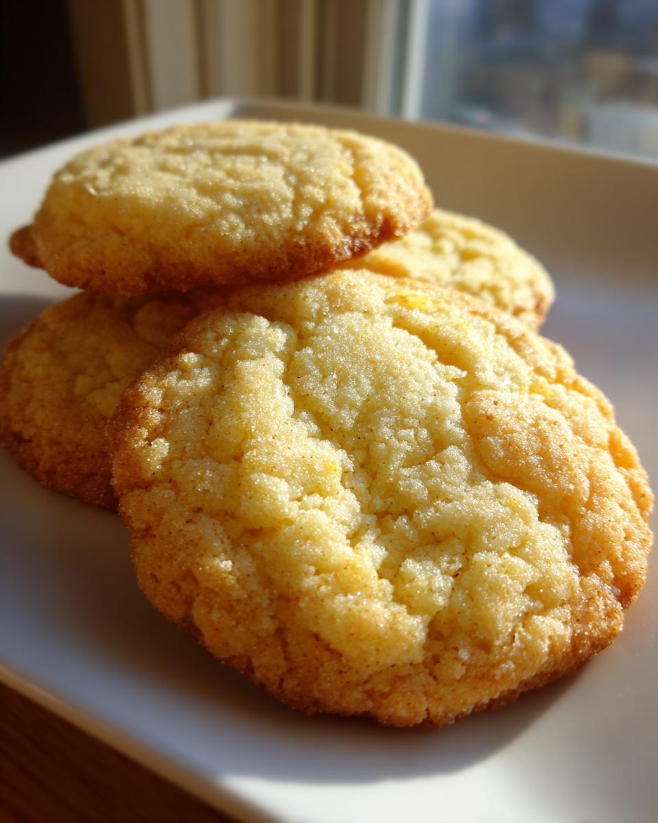 Close-up of three golden-brown soft sugar cookies stacked on a white plate, with a slightly textured surface.