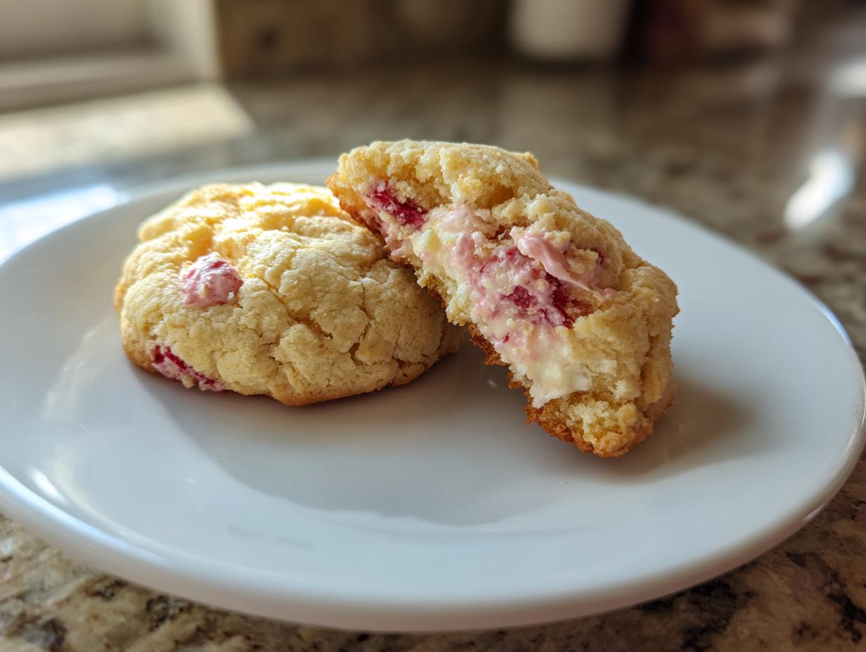 A close-up of two strawberry cheesecake cookies on a white plate, one is broken in half to show the creamy strawberry filling.