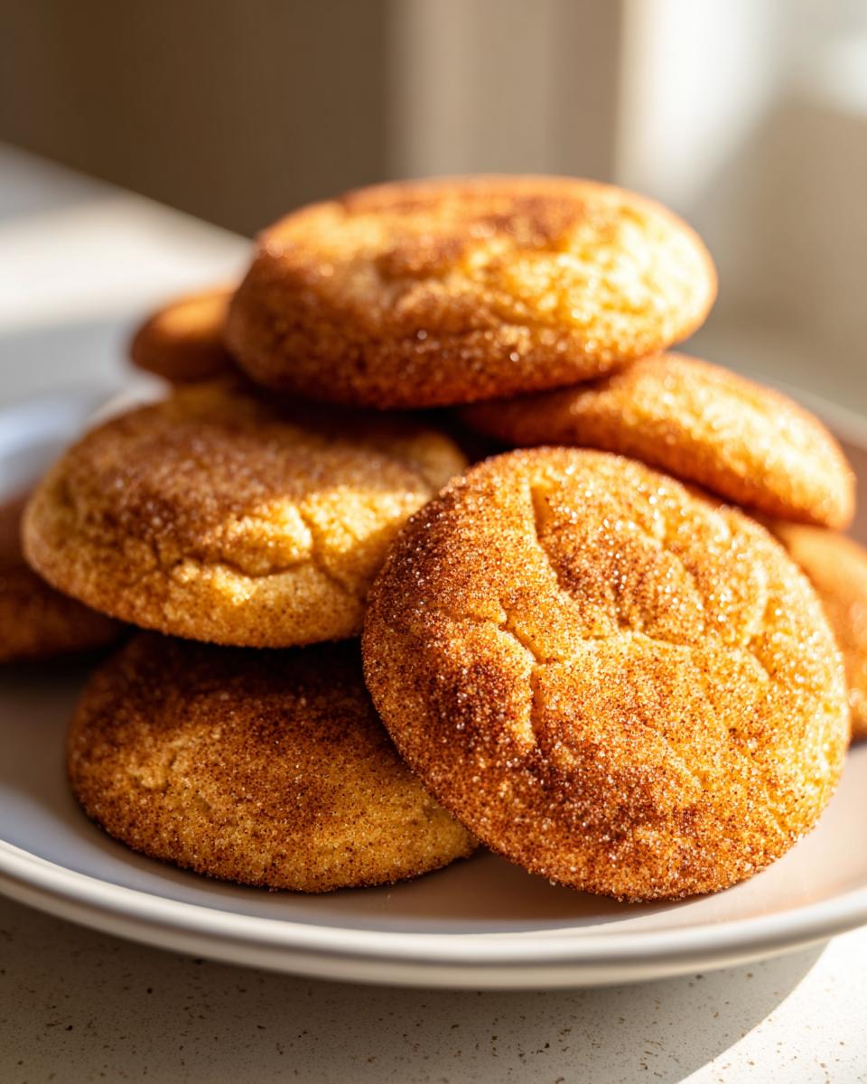 A close-up of a stack of golden brown sugar cookies, generously coated in cinnamon sugar.