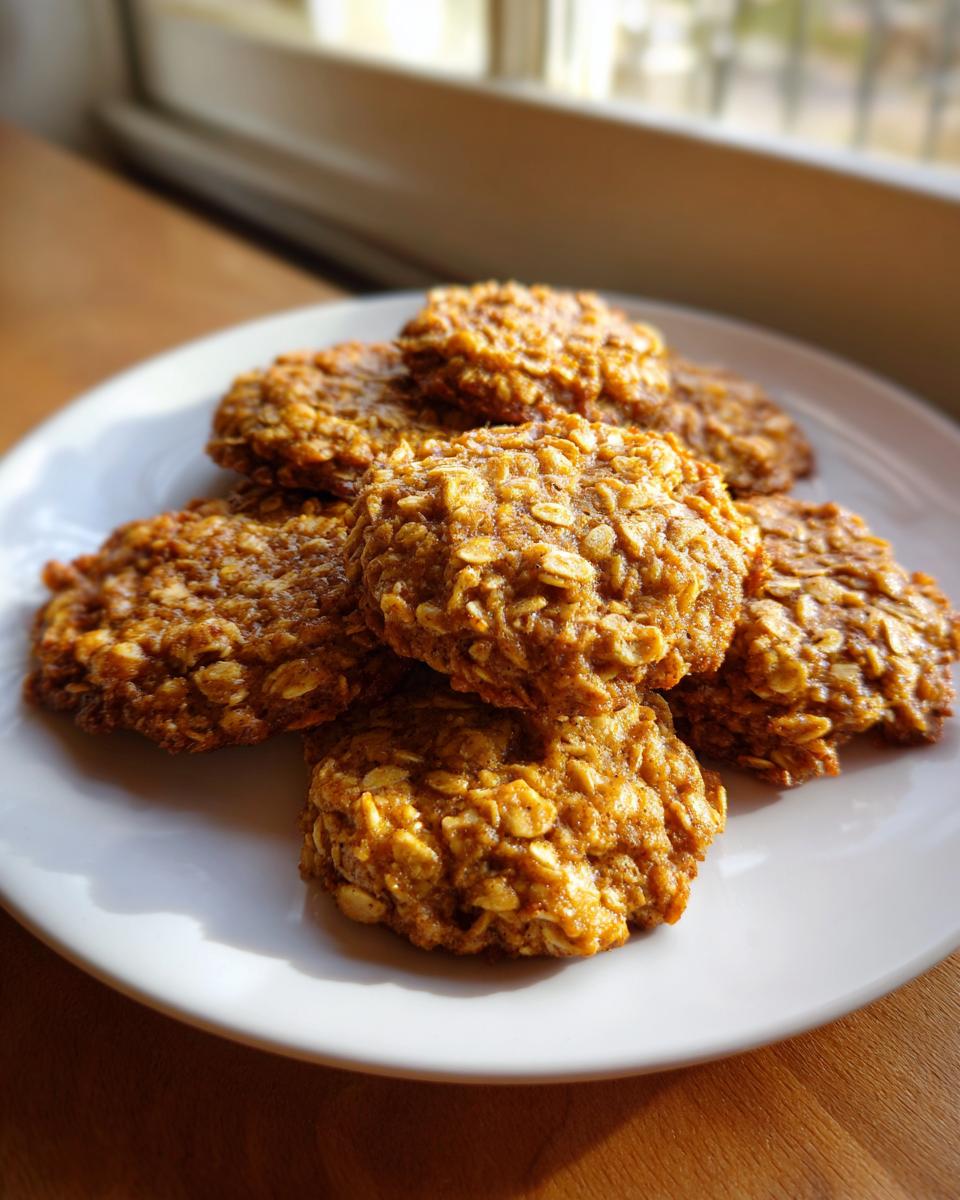 A stack of golden-brown toddler breakfast oatmeal cookies on a white plate, ready to be enjoyed.
