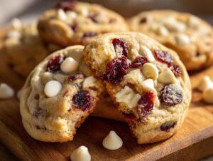 Close-up of soft white chocolate cranberry cookies, one broken in half to show texture.